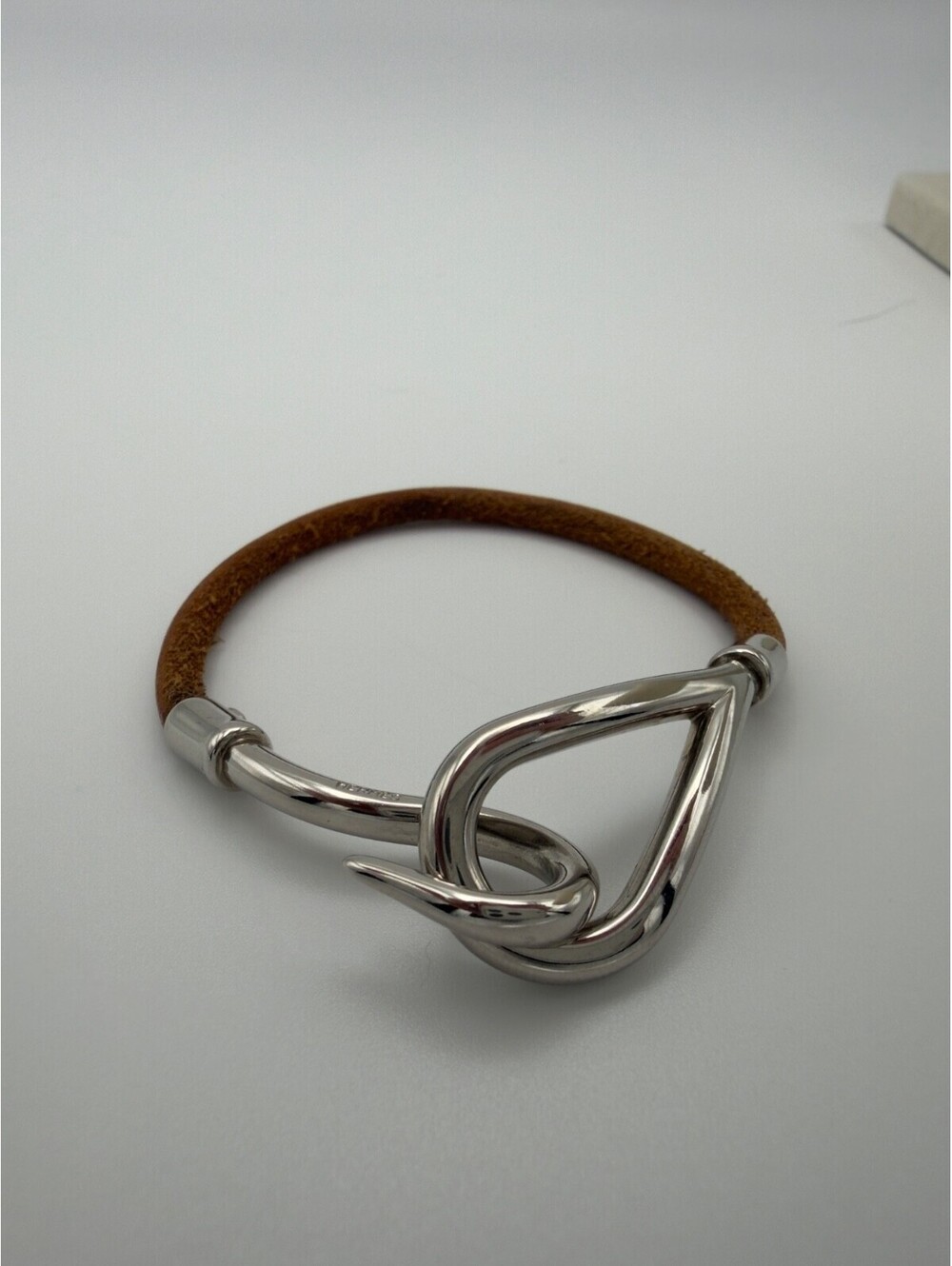 Authentic Hermes Leather Jumbo Hook Bracelet Palladium Plated Size 6 Brown